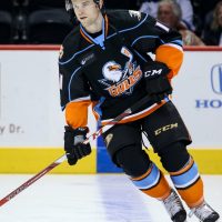 Spencer Abbott casually skating down the ice in his San Diego Gulls jersey.