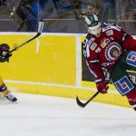 Spencer Abbott celebrating down the ice in his Frolunda Indians jersey.